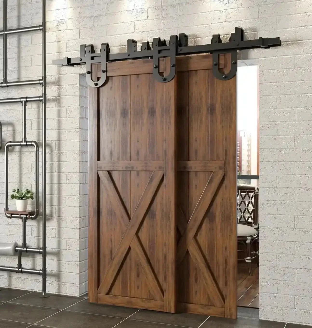 Classic Double Bypass 2 Door Barn Door Kit | Black Hardware
