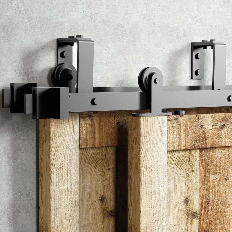 Straight Top Mount Black Double Bypass Barn Door Hardware Kit