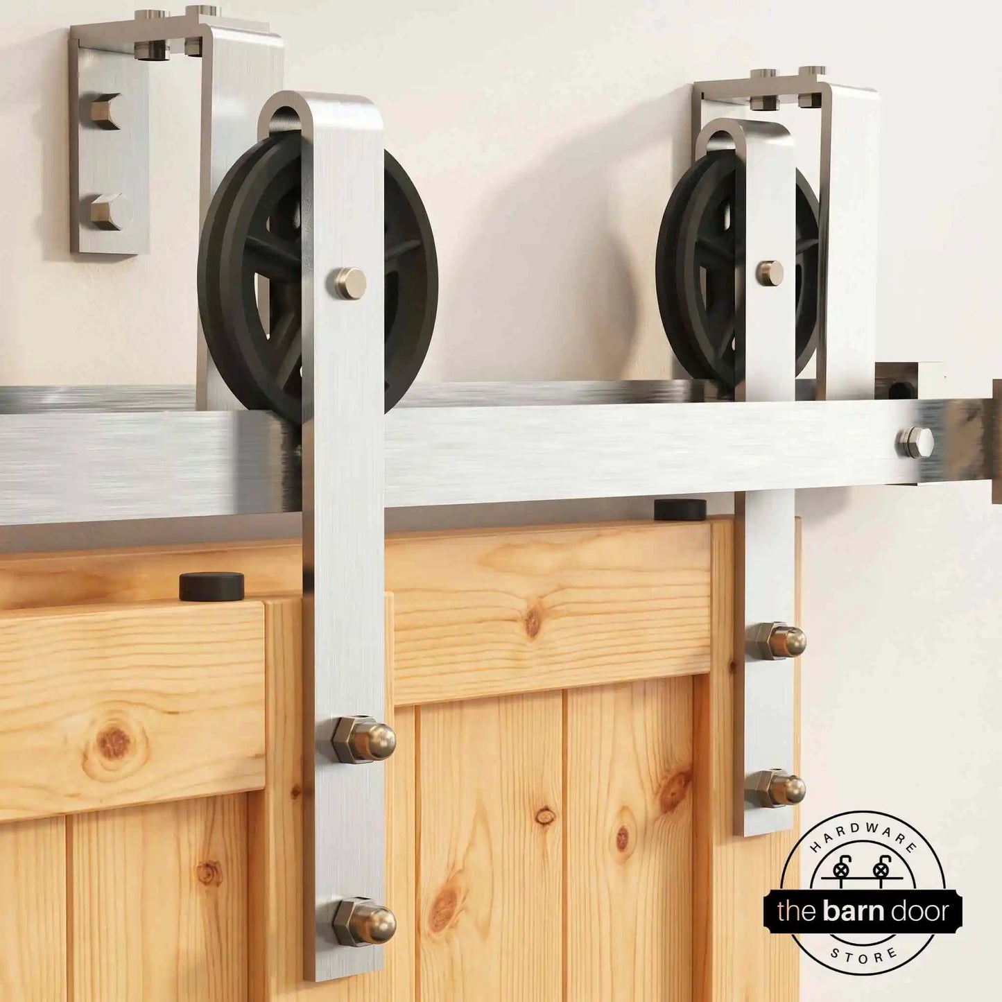 Spoke Wheel Brushed Nickel Double Bypass Barn Door Hardware Kit