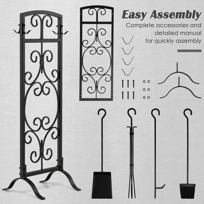 5 Piece Wrought Iron Fireplace Tools with Decor Holder-Black