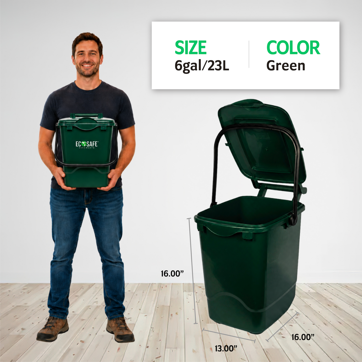 [OOS Until July 2026] EcoSafe EcoCaddy 6-Gallon Compost Bin, Eco-Friendly Kitchen Trash, Food Waste Under Counter Bin (QTY 1), SKU ECGRN