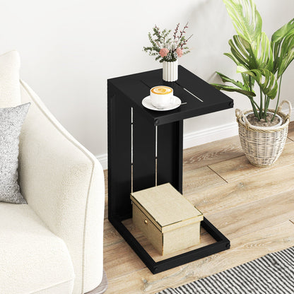 Set of 2 C-Shaped End Table with Adjustable Foot Pads for Indoors Outdoors-Black
