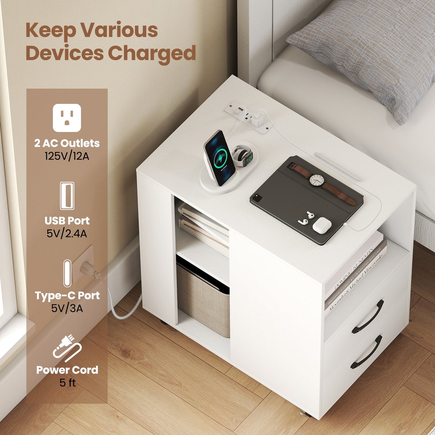 End Table with Built-in Charging Station Sofa Side Bedside Table on Wheels