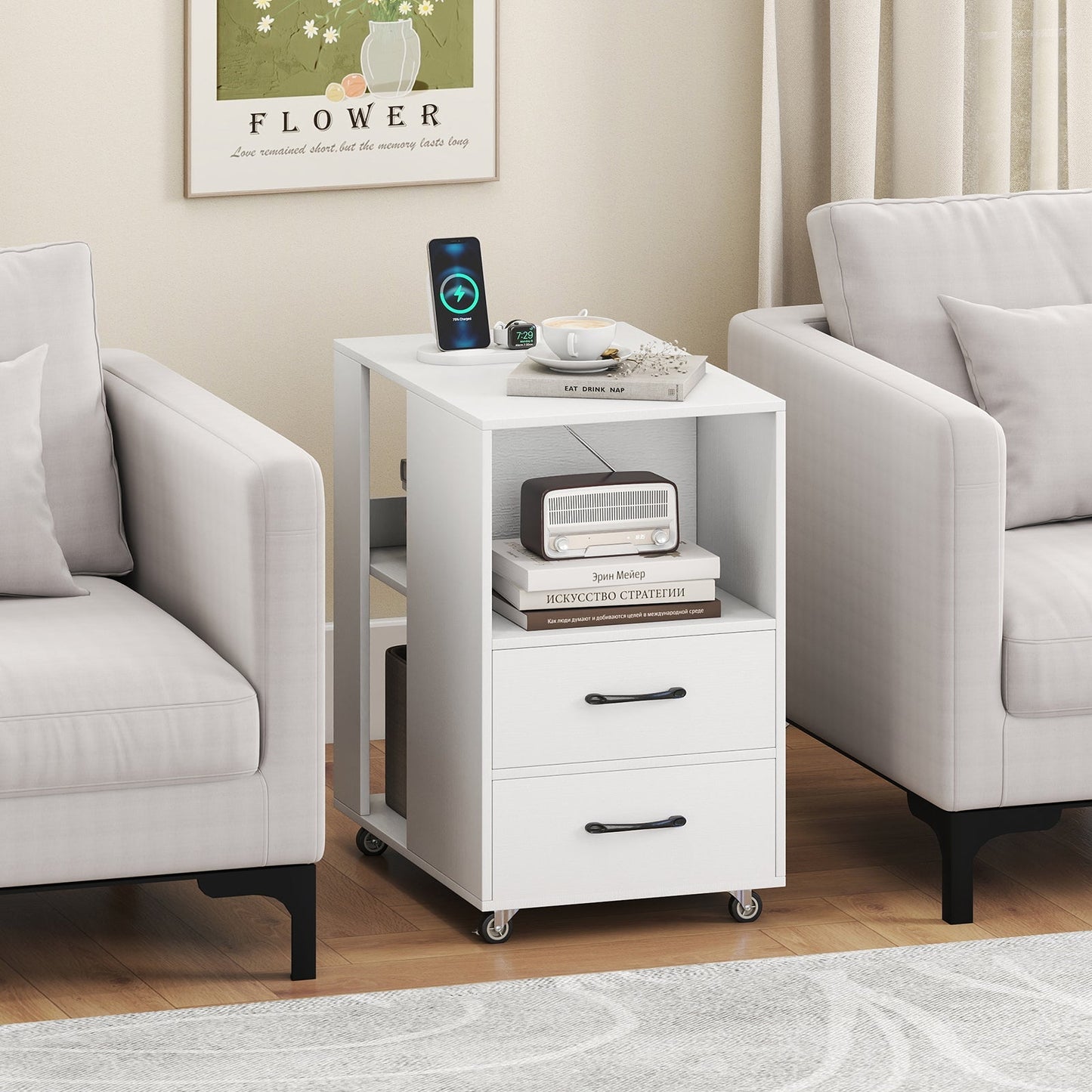 End Table with Built-in Charging Station Sofa Side Bedside Table on Wheels