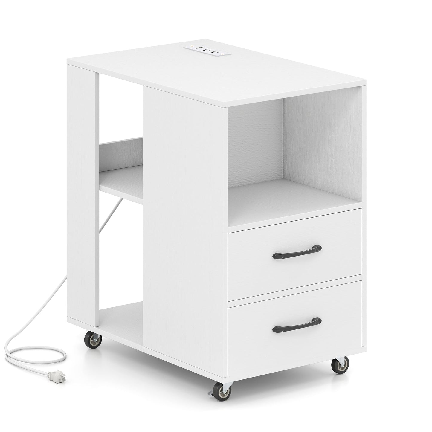 End Table with Built-in Charging Station Sofa Side Bedside Table on Wheels