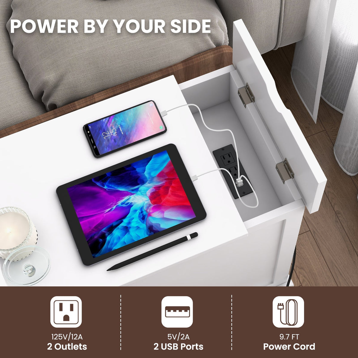 End Table with Charging Station and Flip Top-White
