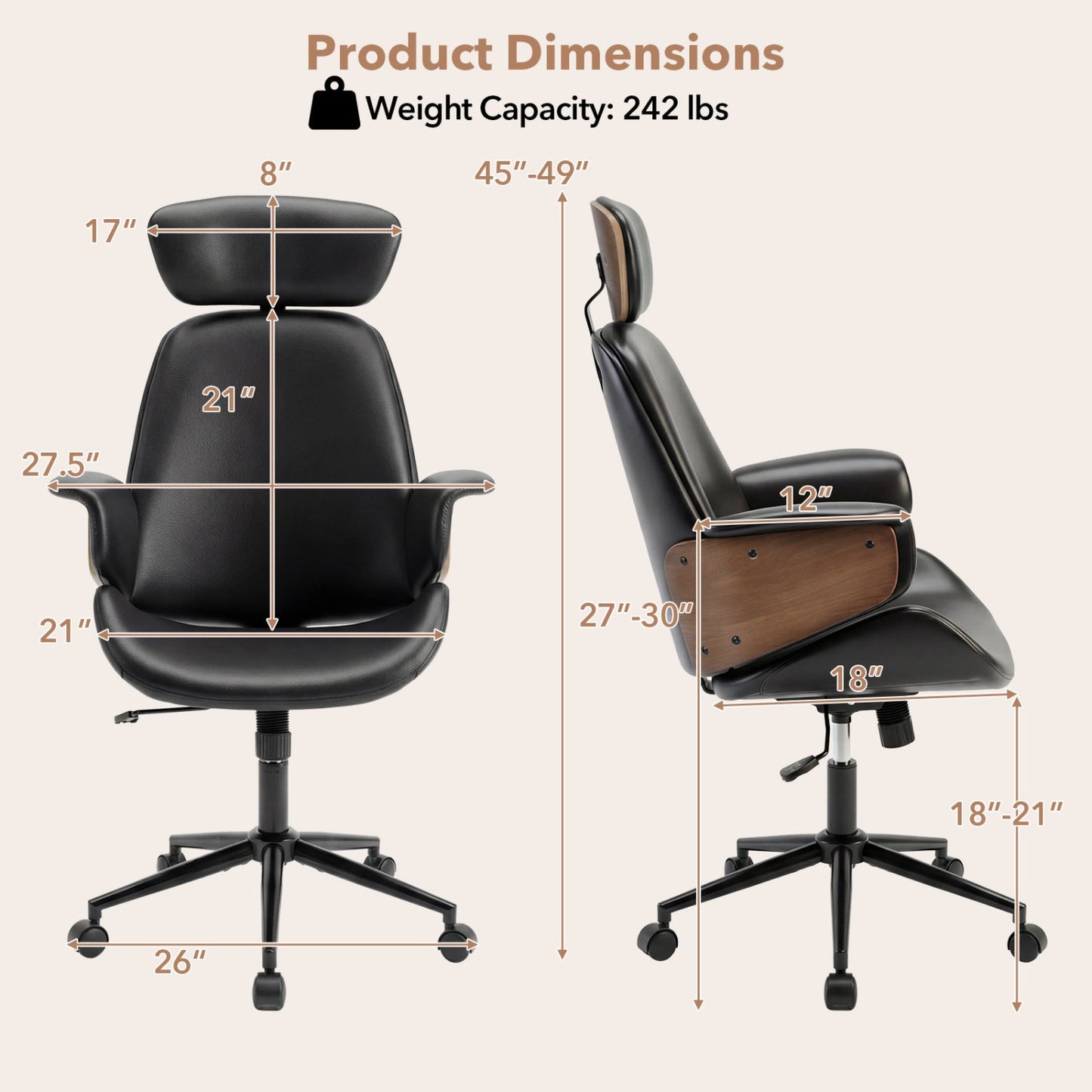 Ergonomic Office Chair with Headrest Adjustable Height for Home Office and Study