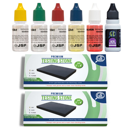 Gold & Silver Testing Kit JSP Acids 10K-24K, Silver, Neutralizer & 2 Large GTE Testing Stones