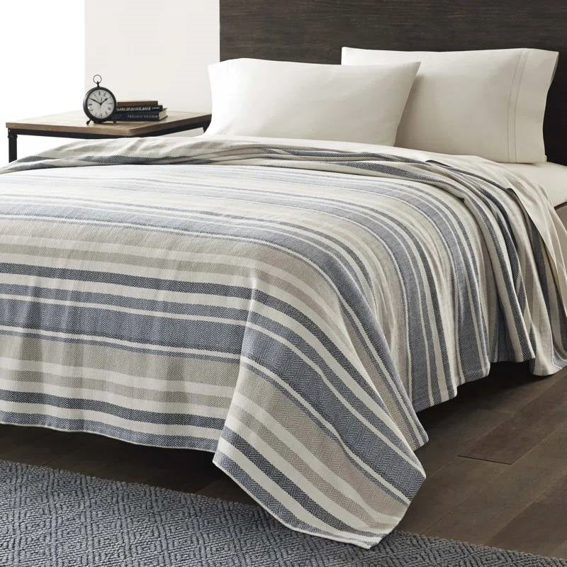Full/Queen size Navy Blue Tan Cream Chevron Stripe Lightweight Cotton Blanket