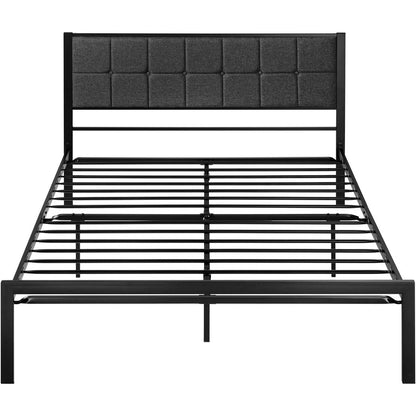 Full Metal Platform Bed Frame with Gray Button Tufted Upholstered Headboard