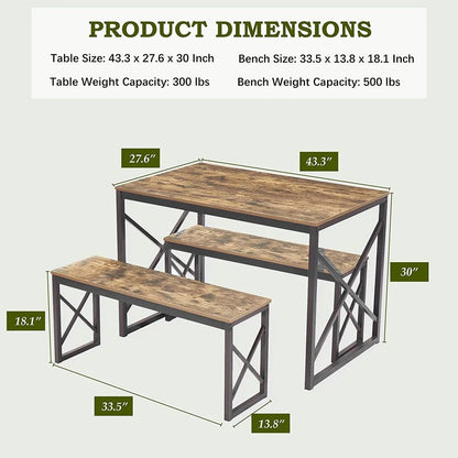 Modern Industrial Wood-Top Kitchen Dining Table Set with 2 Backless Benches