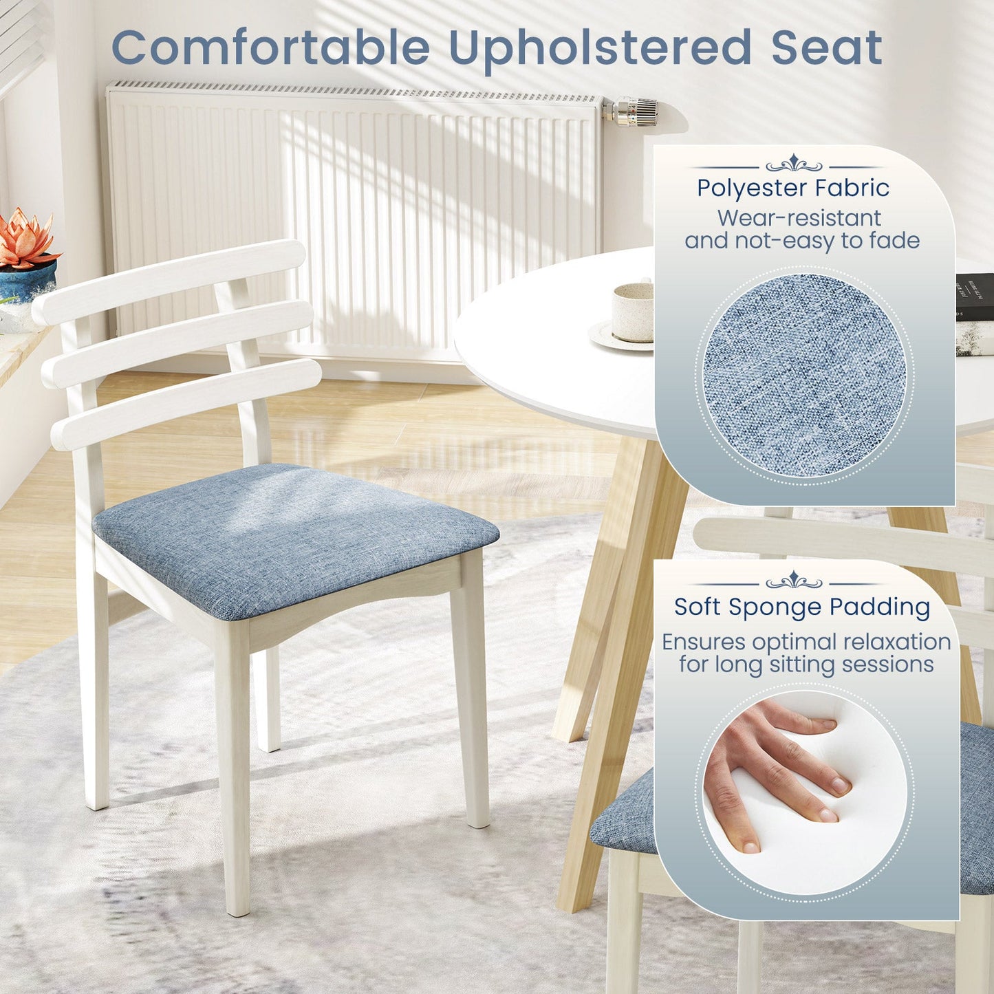 Fabric Kitchen Side Chairs with Rubber Wood Frame and Padded Seat-White