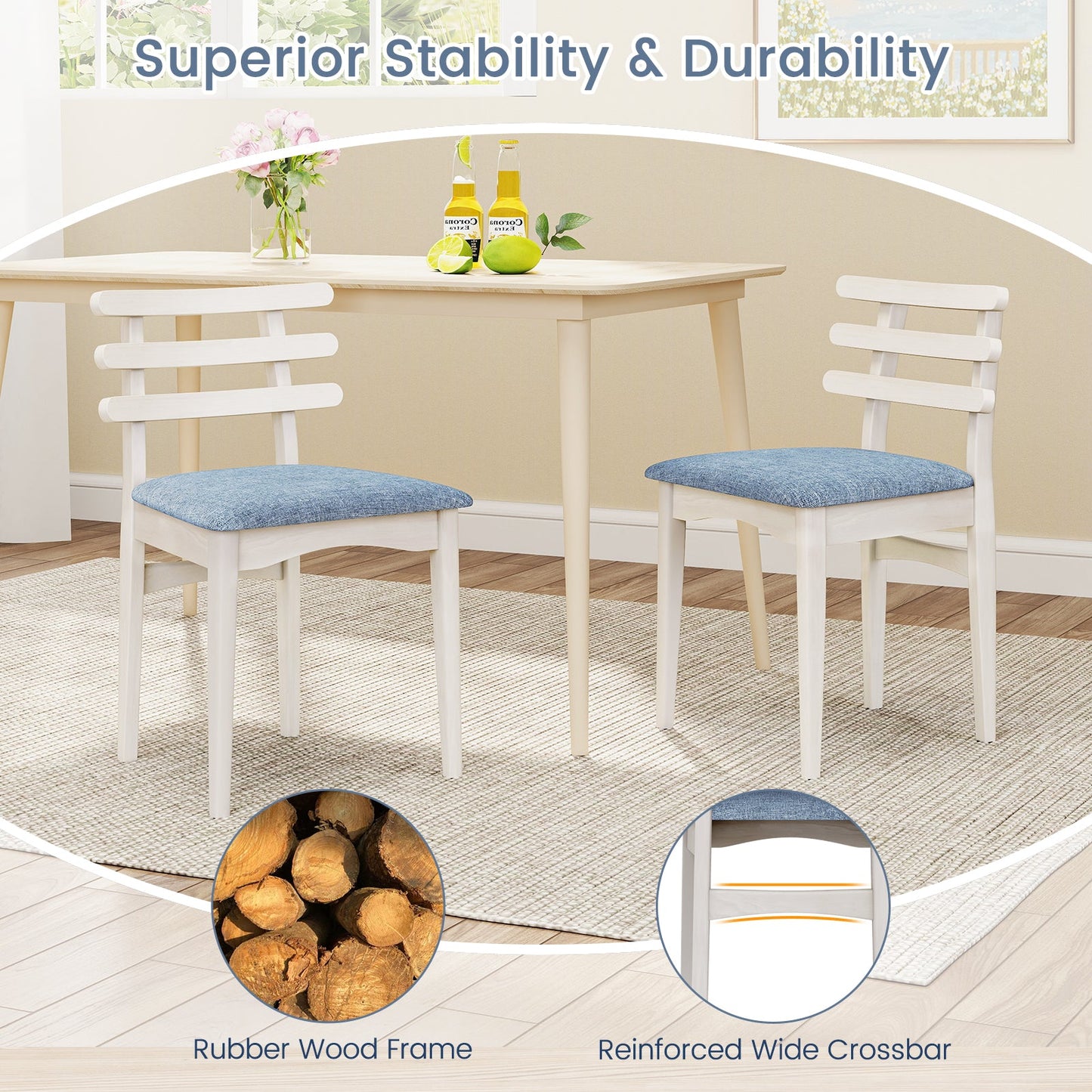 Fabric Kitchen Side Chairs with Rubber Wood Frame and Padded Seat-White