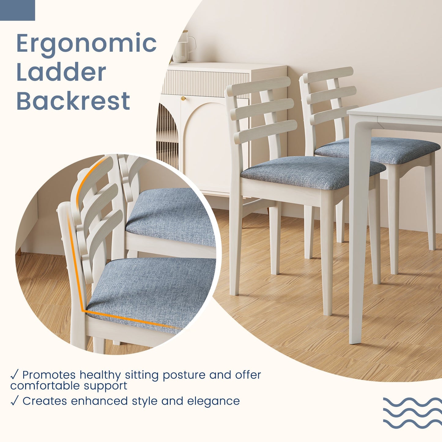 Fabric Kitchen Side Chairs with Rubber Wood Frame and Padded Seat-White