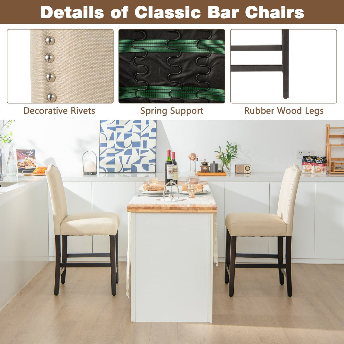 2 Pcs Fabric Nail Head Counter Height Dining Side Chairs Set