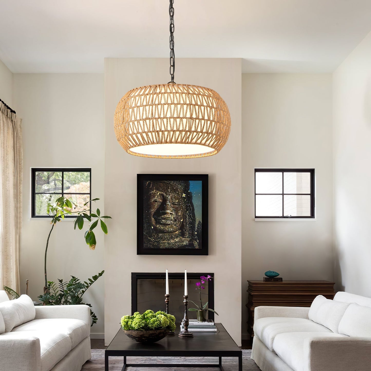 Farmhouse Pendant Light with Adjustable Height, Boho Woven Jute Rope Hanging Ceiling Light Fixture