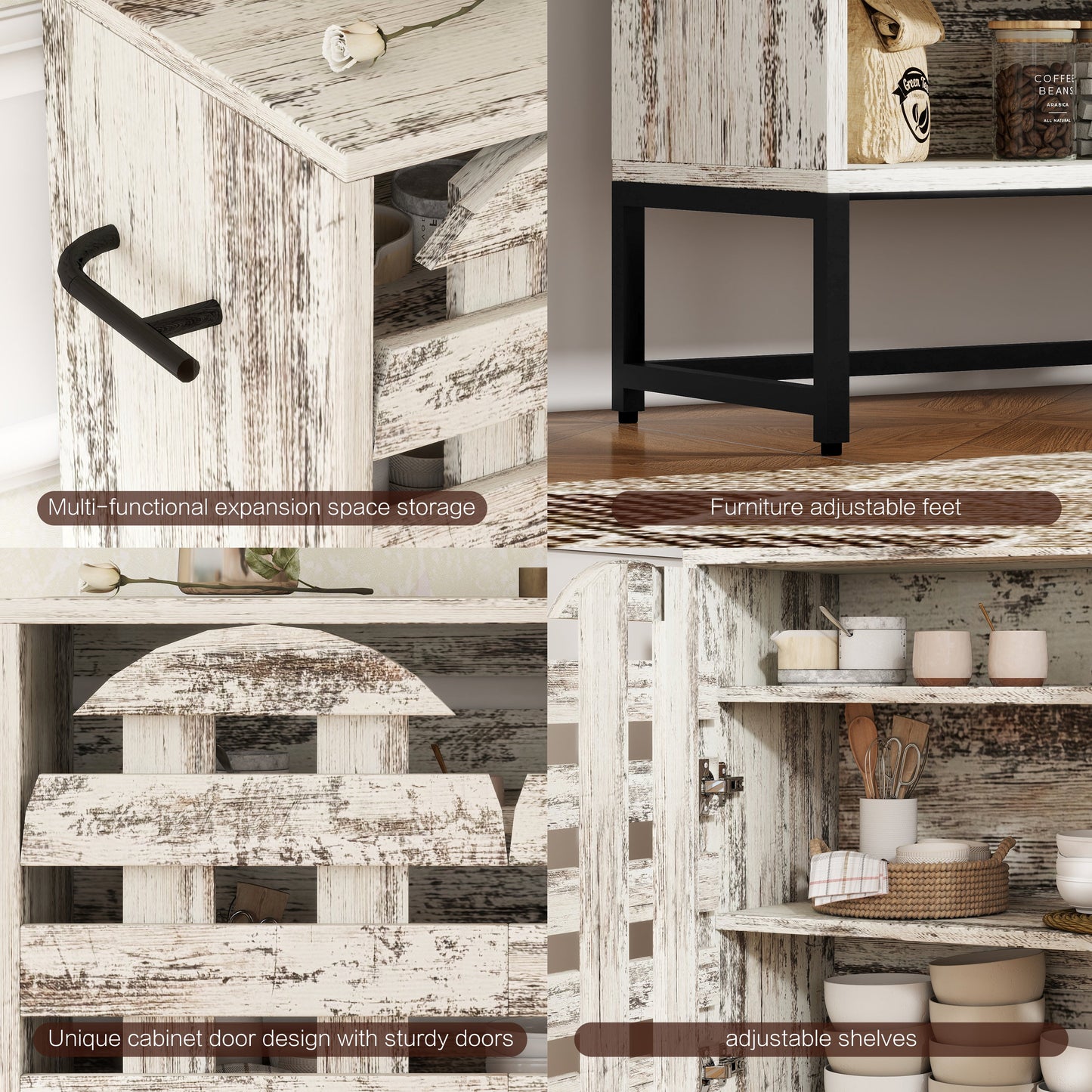 Farmhouse Sideboard Cabinet with Arched Lattice Doors, Drawer & Open Shelves 44.3" Rustic Coffee Bar & Console Table