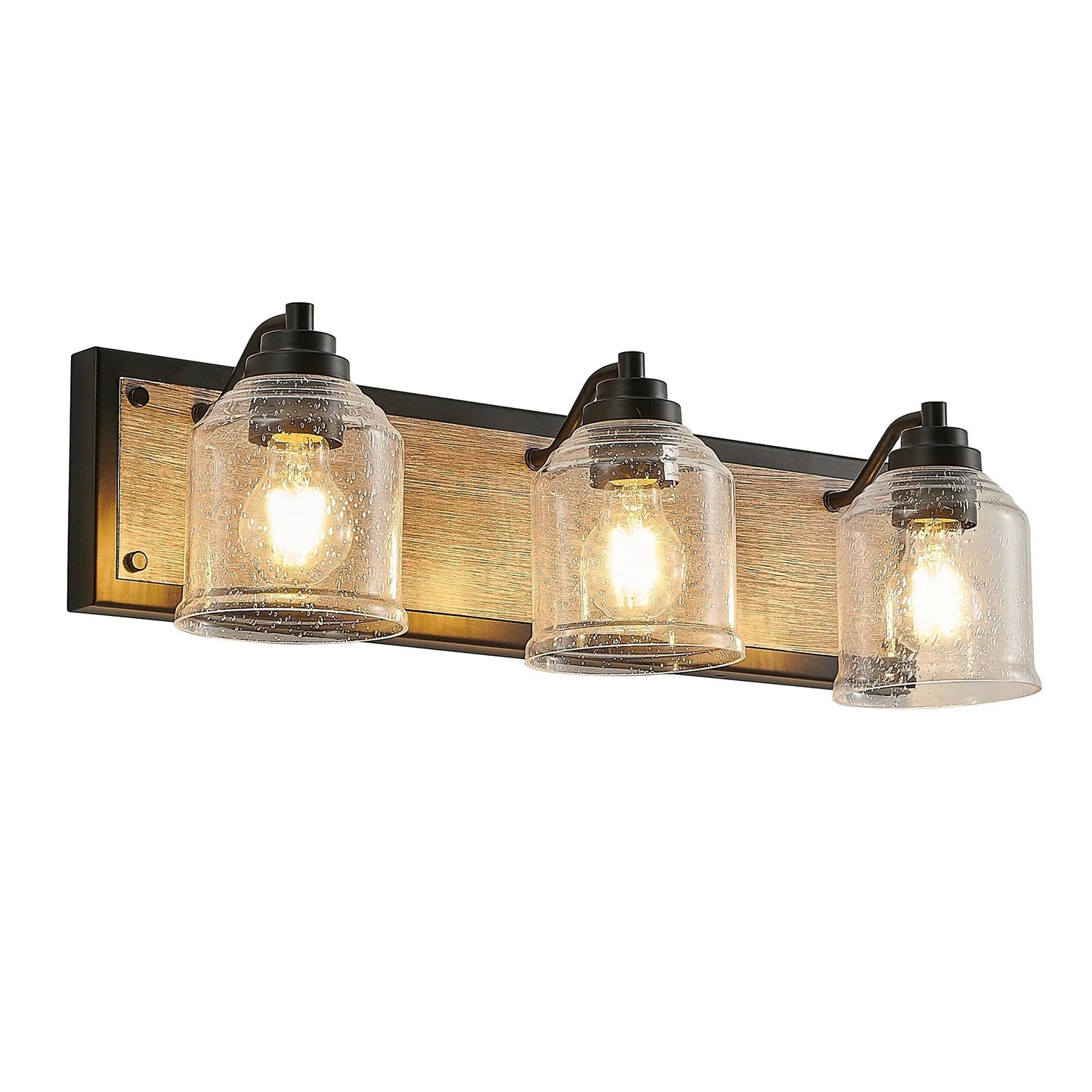 Farmhouse Vanity Light Fixture | 3/4/5/6-Light Bathroom Wall Sconce with Clear Seeded Glass Shades & Antique Wood Backplate