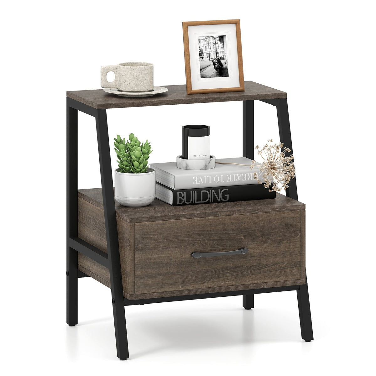 3-Tier Farmhouse Nightstand with Open Shelf