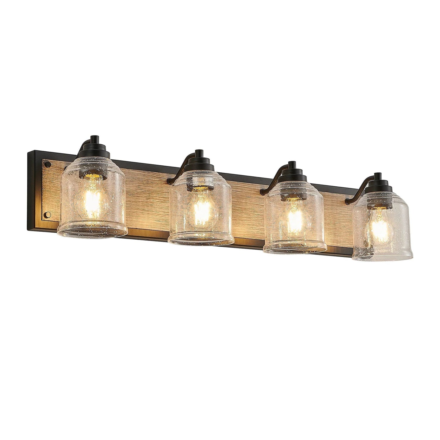 Farmhouse Vanity Light Fixture | 3/4/5/6-Light Bathroom Wall Sconce with Clear Seeded Glass Shades & Antique Wood Backplate