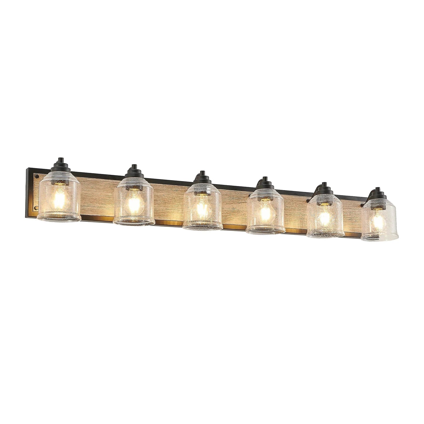 Farmhouse Vanity Light Fixture | 3/4/5/6-Light Bathroom Wall Sconce with Clear Seeded Glass Shades & Antique Wood Backplate