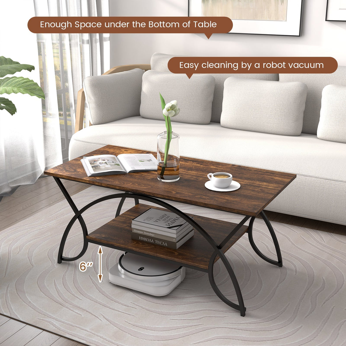 2-Tier Rectangle Coffee Table with Marble Pattern Top
