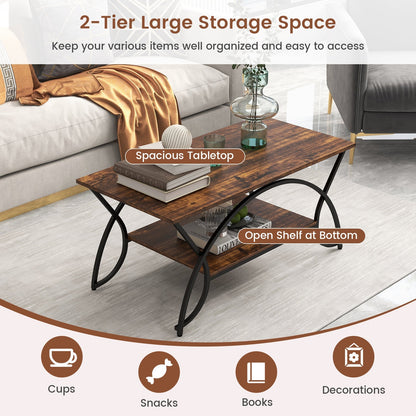 2-Tier Rectangle Coffee Table with Marble Pattern Top