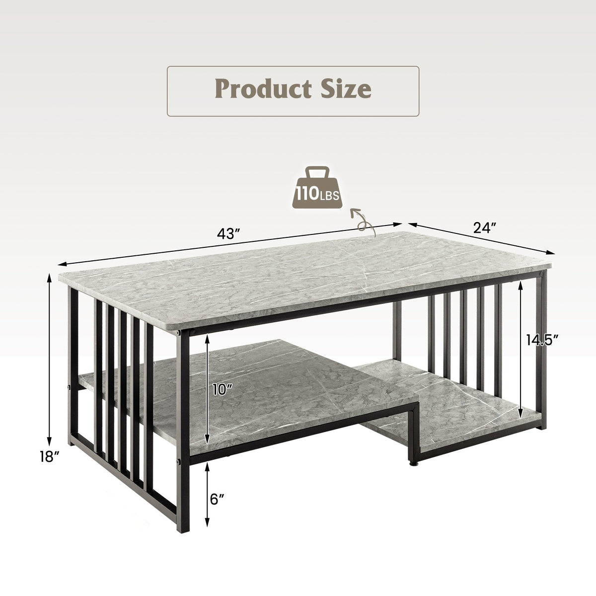 Faux Marble Coffee Table with Open Storage Shelf-Gray