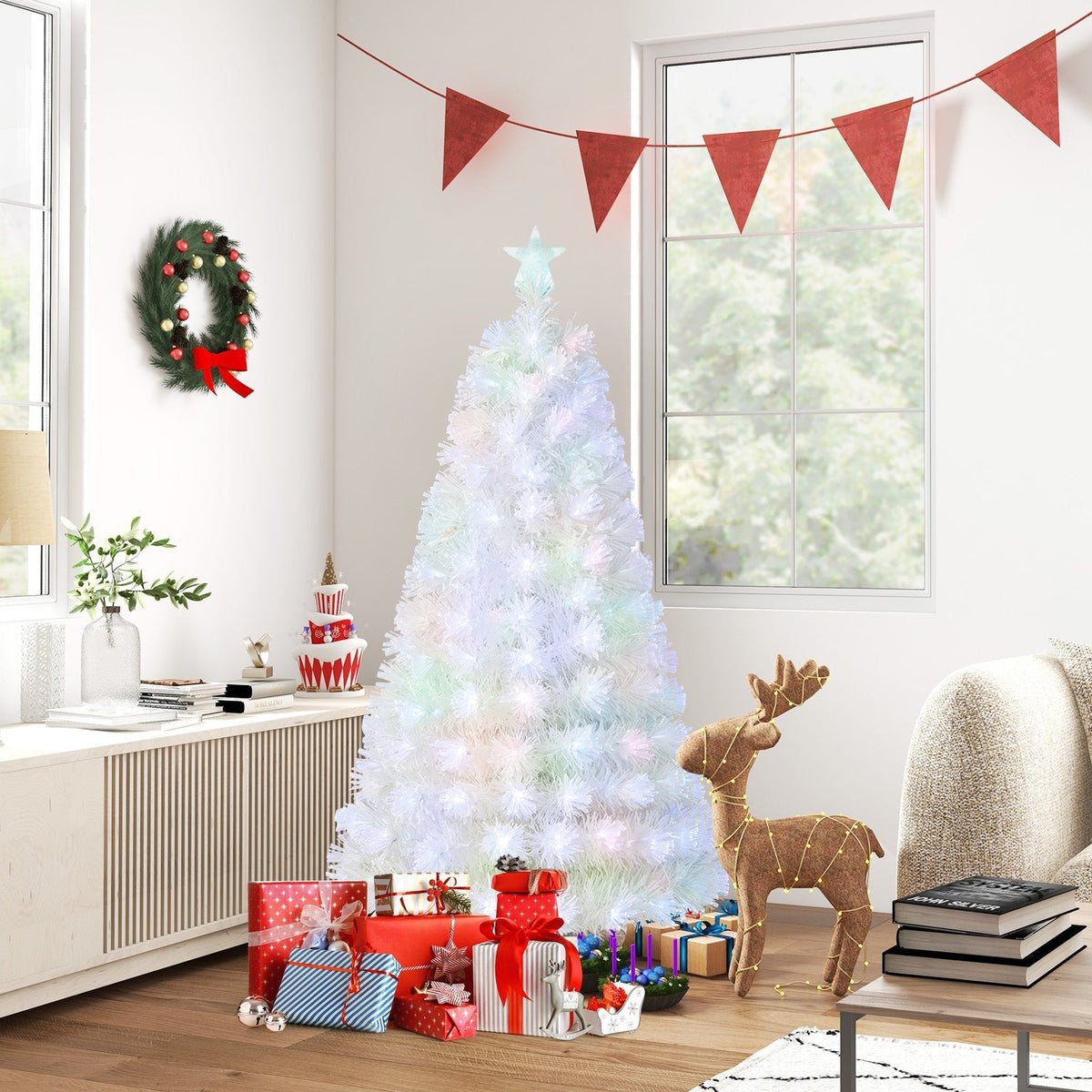6/7 Feet Pre-Lit Fiber Optic White Snow-Flocked Artificial Christmas Tree