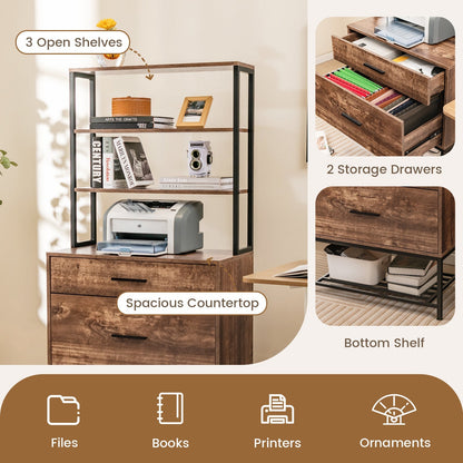 Freestanding File Cabinet with Charging Station and 3-Tier Open Shelves