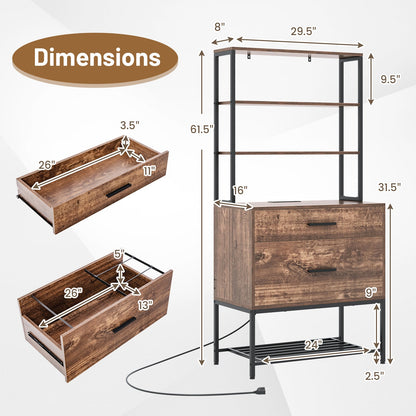 Freestanding File Cabinet with Charging Station and 3-Tier Open Shelves