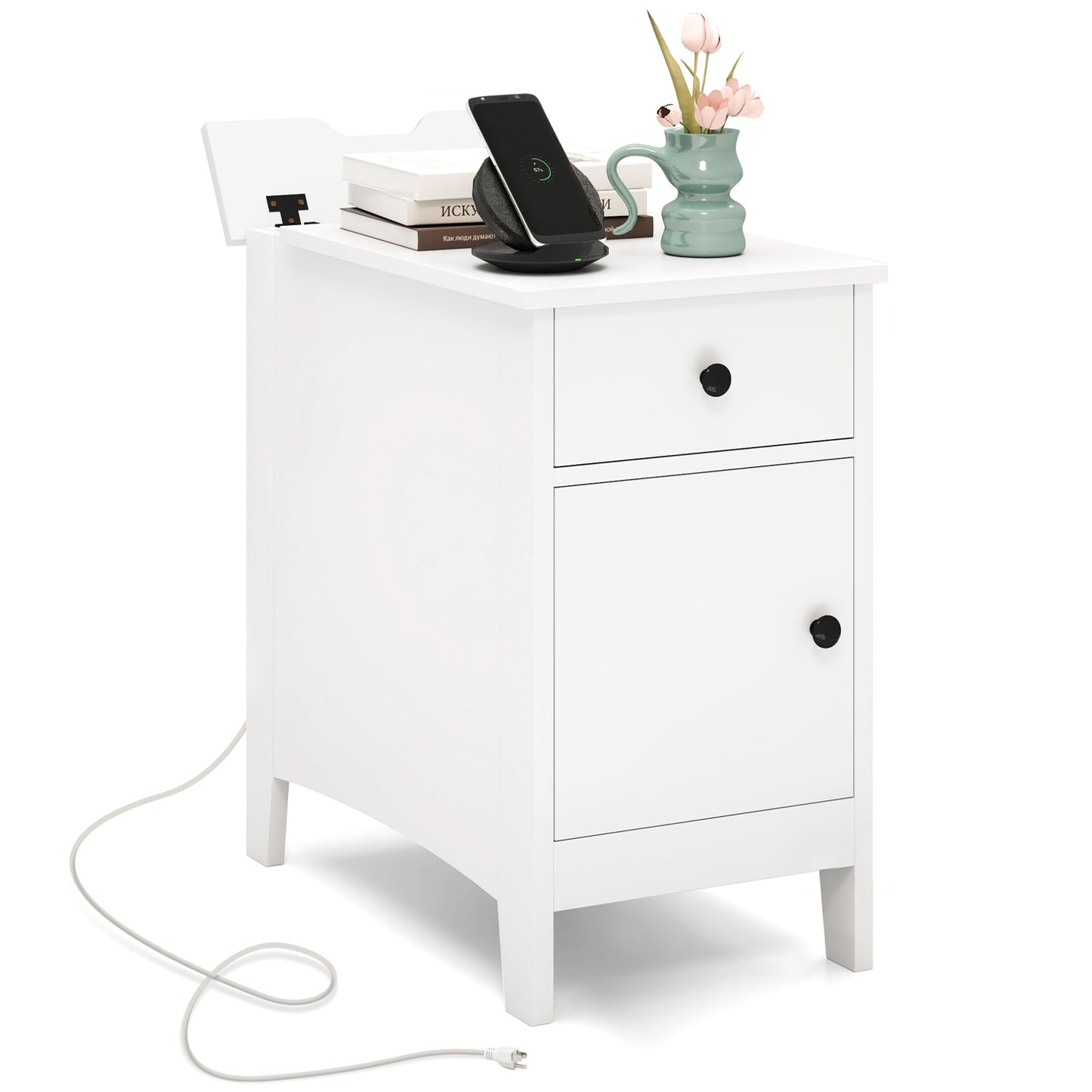 Flip Top End Table with Charging Station USB Ports Outlets and Drawer