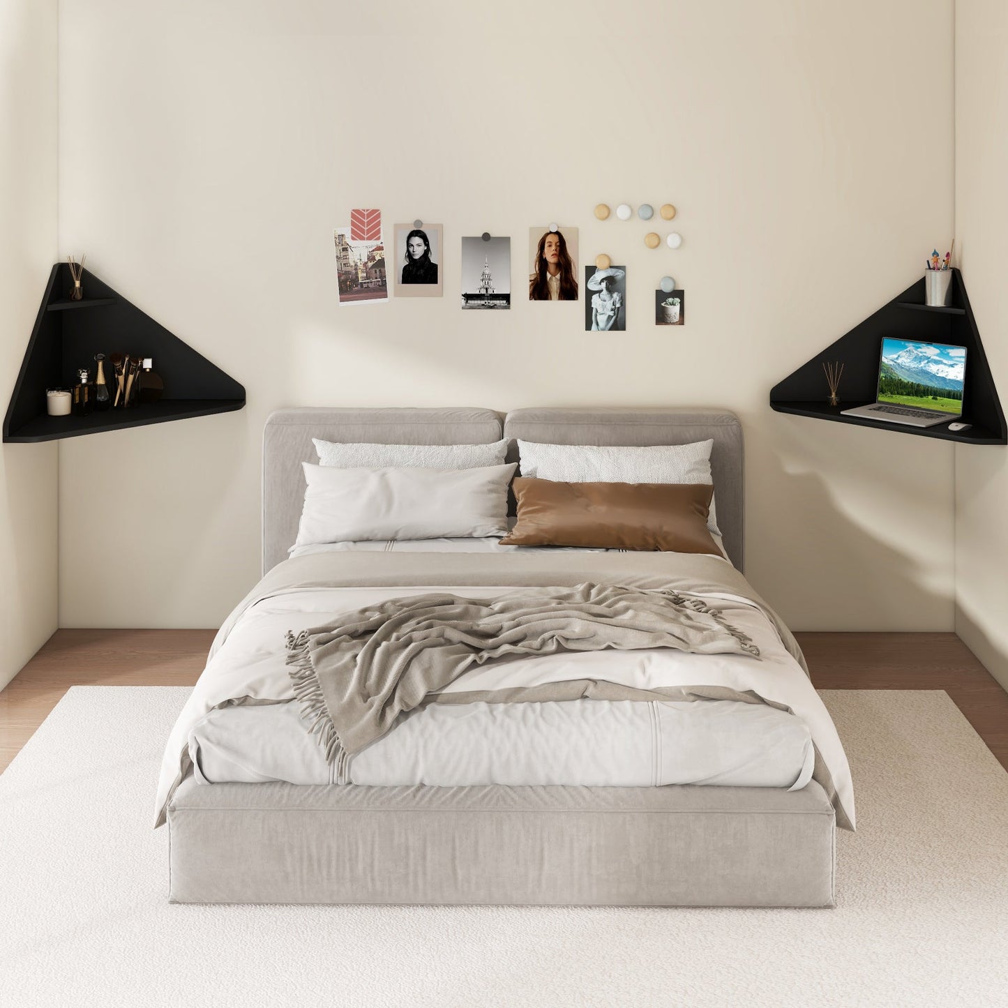 Floating Triangular Corner Computer Desk with Storage Shelf