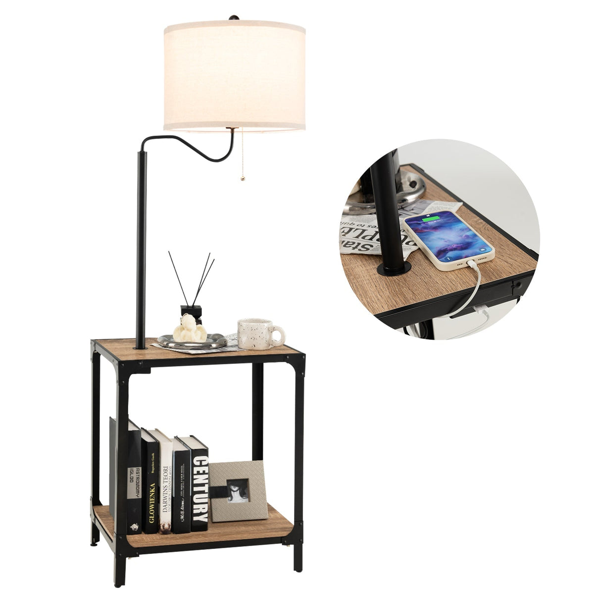 360¬∞ Rotatable Floor Lamp with End Table and USB Charging Ports