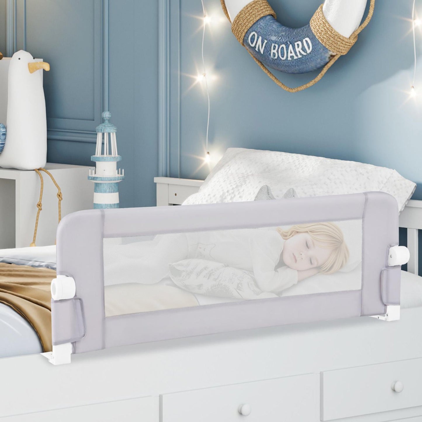 Foldable Bed Rail with Swing Down Design - Light Gray