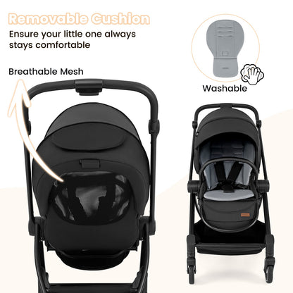 Foldable Infant Pram Stroller with Reversible Seat Reclining Backrest-Black