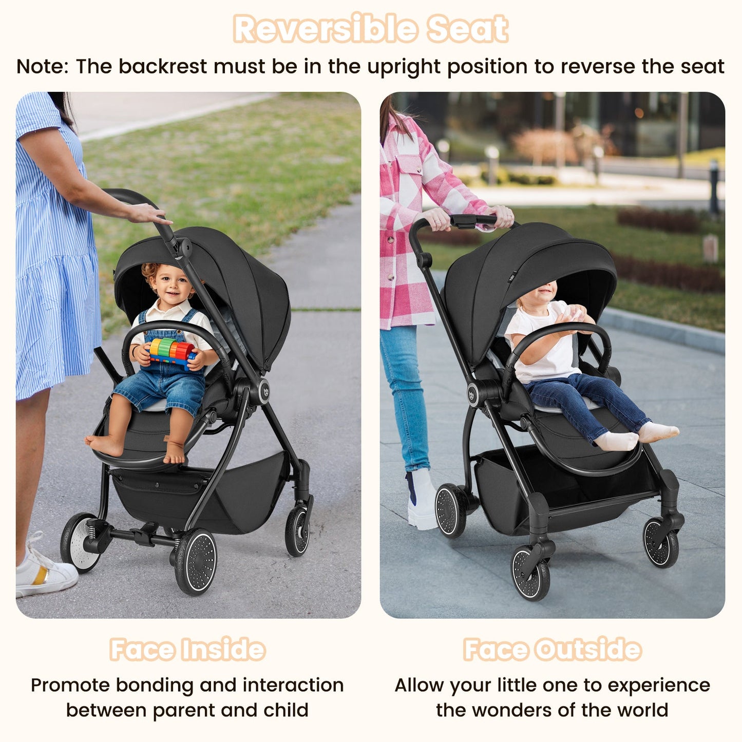 Foldable Infant Pram Stroller with Reversible Seat Reclining Backrest-Black
