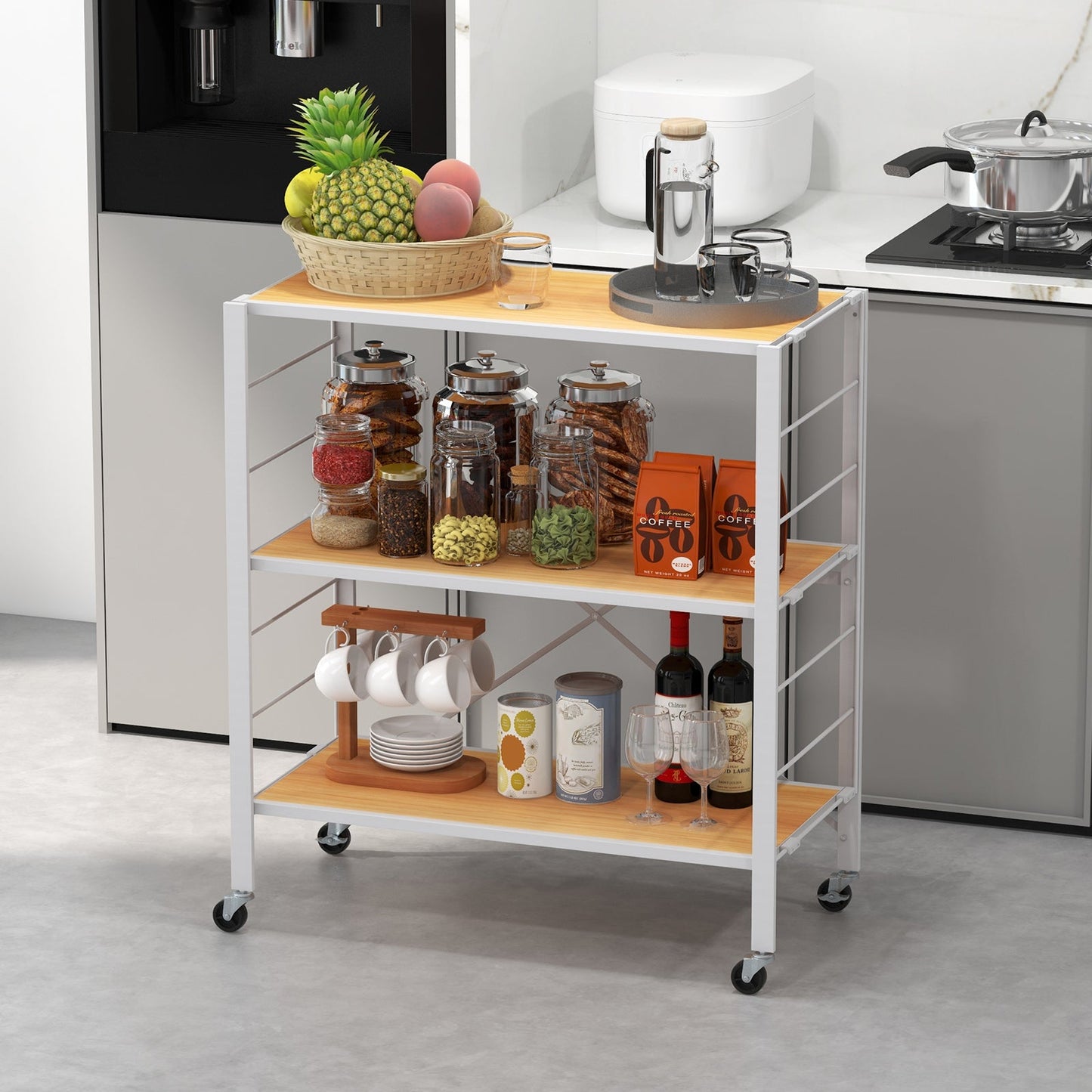 3-Tier Foldable Shelving Unit with Detachable Wheels and Adjustable Shelves