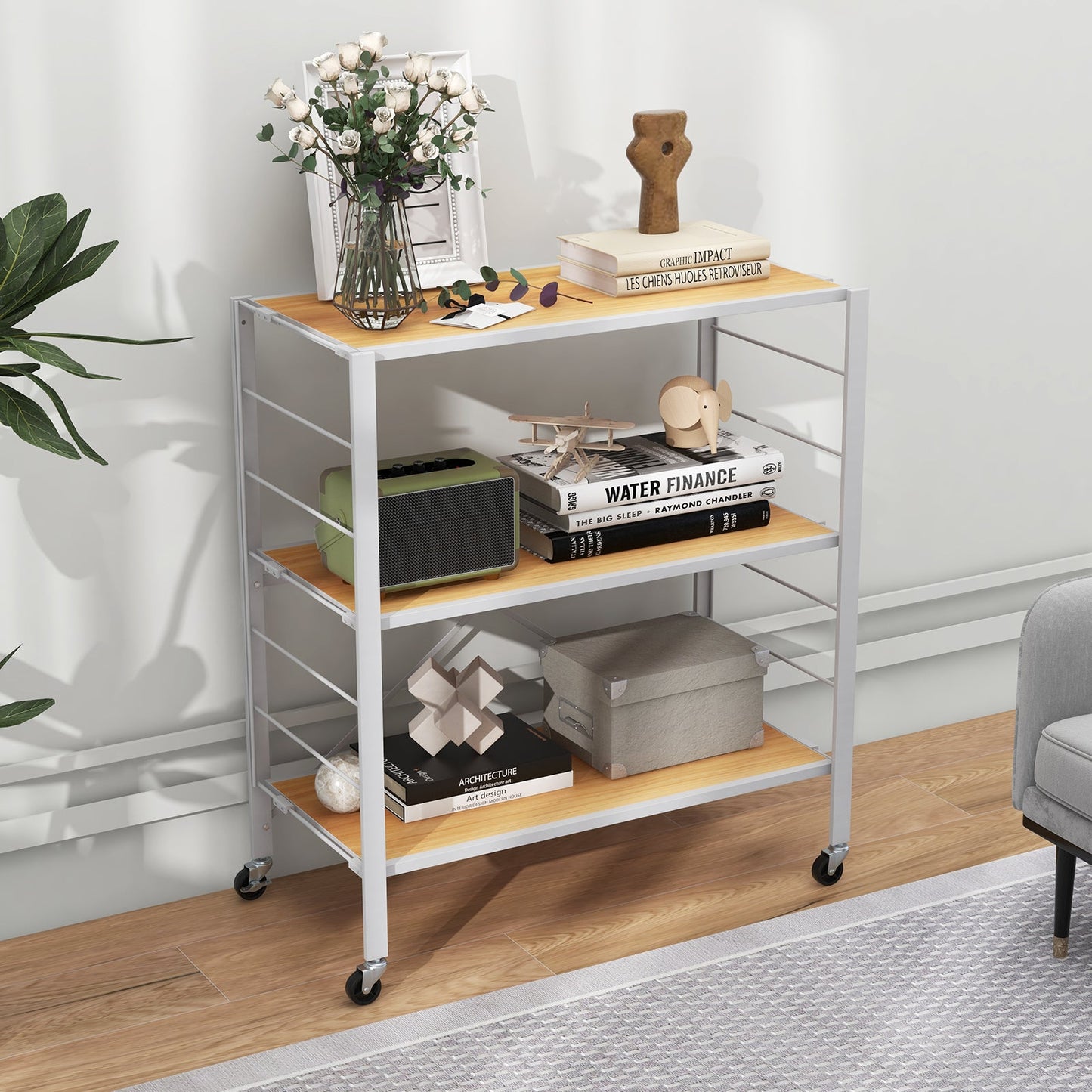 3-Tier Foldable Shelving Unit with Detachable Wheels and Adjustable Shelves
