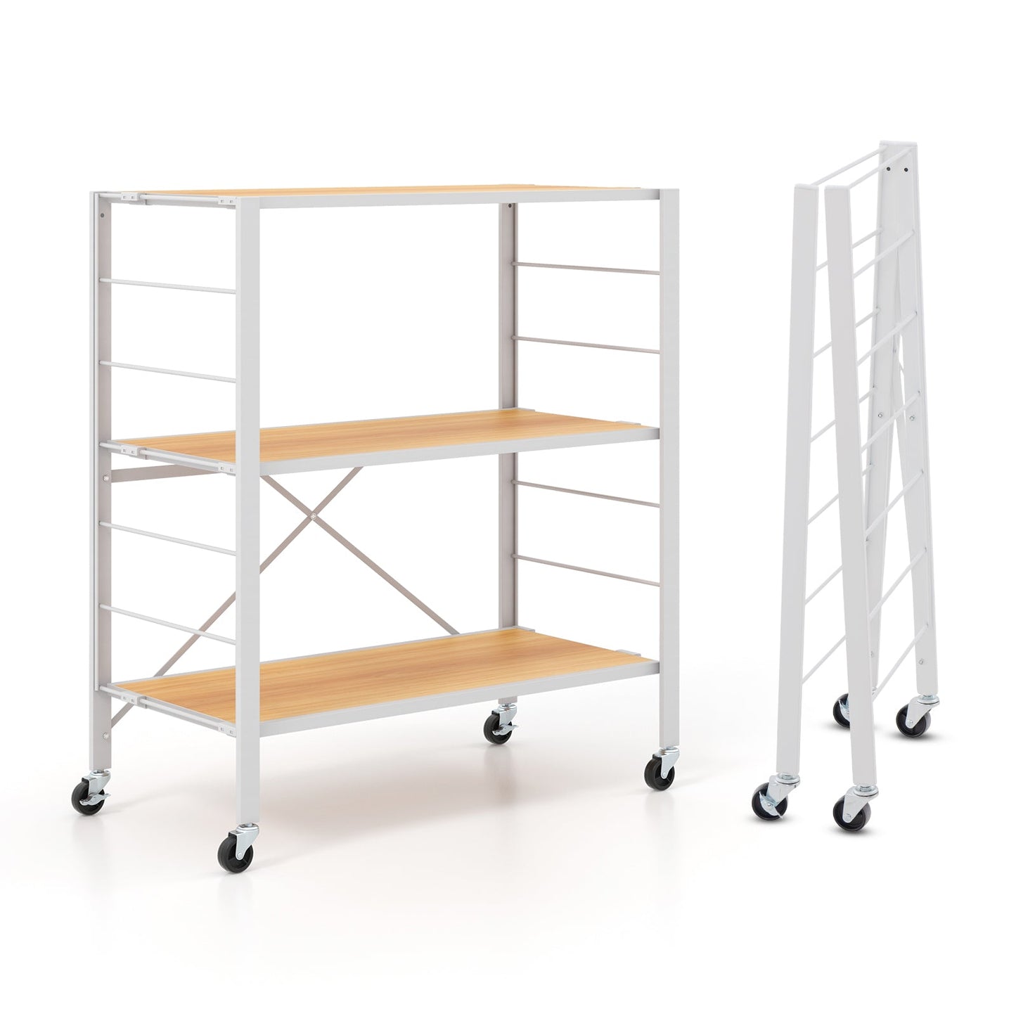 3-Tier Foldable Shelving Unit with Detachable Wheels and Adjustable Shelves