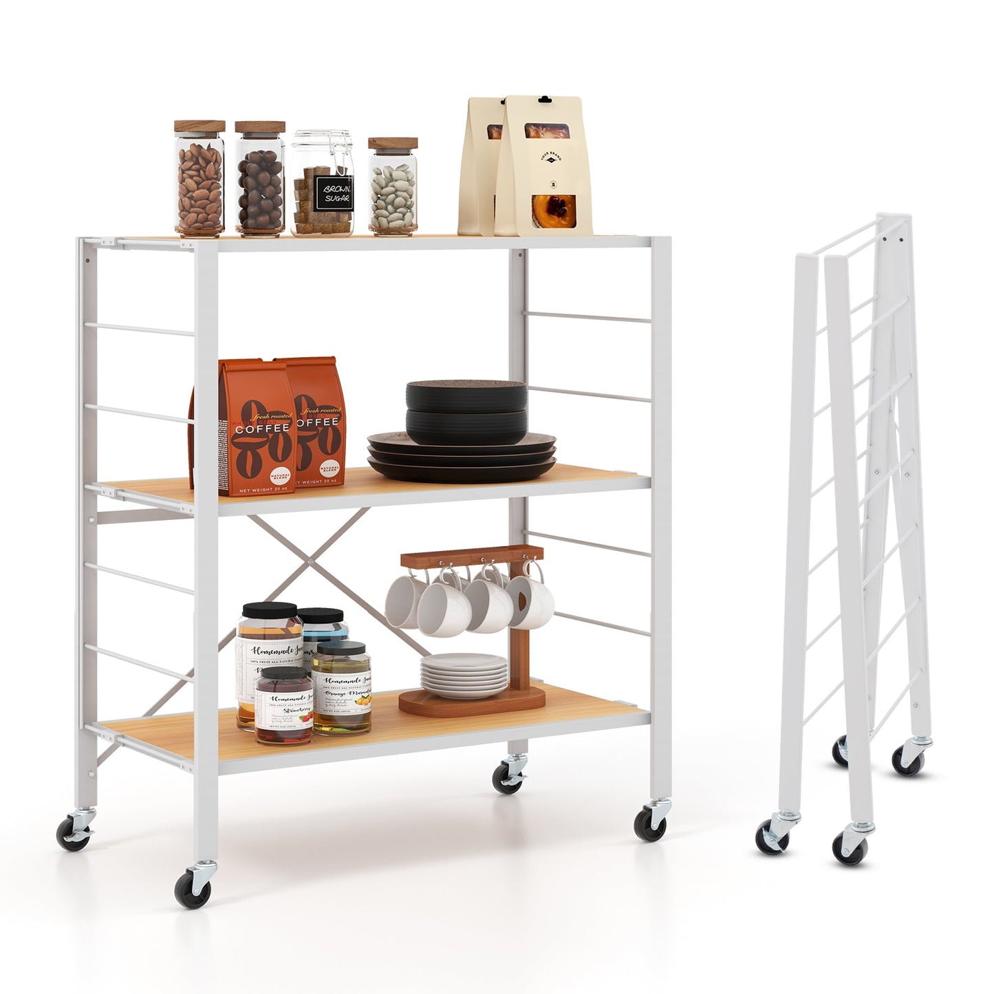 3-Tier Foldable Shelving Unit with Detachable Wheels and Adjustable Shelves