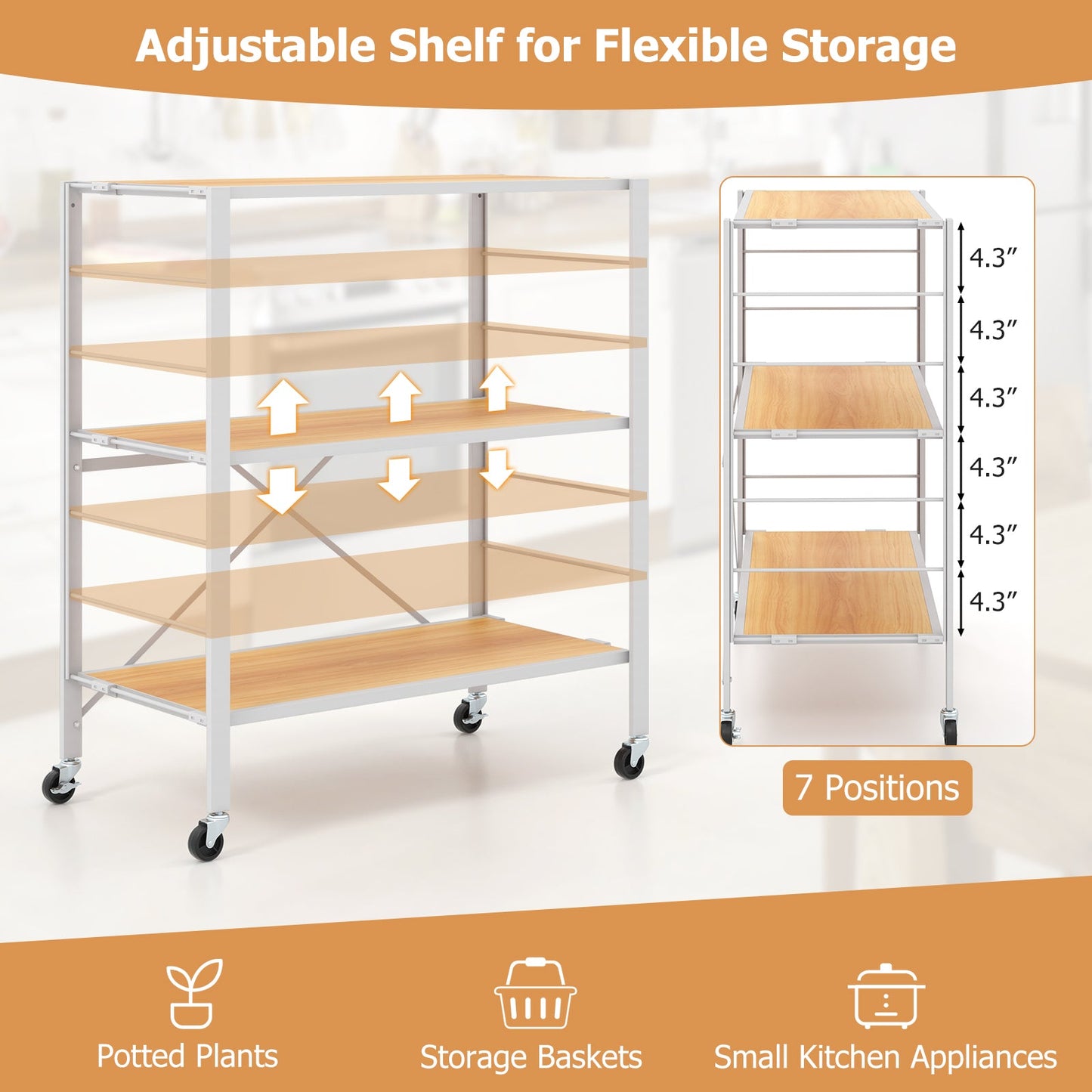 3-Tier Foldable Shelving Unit with Detachable Wheels and Adjustable Shelves