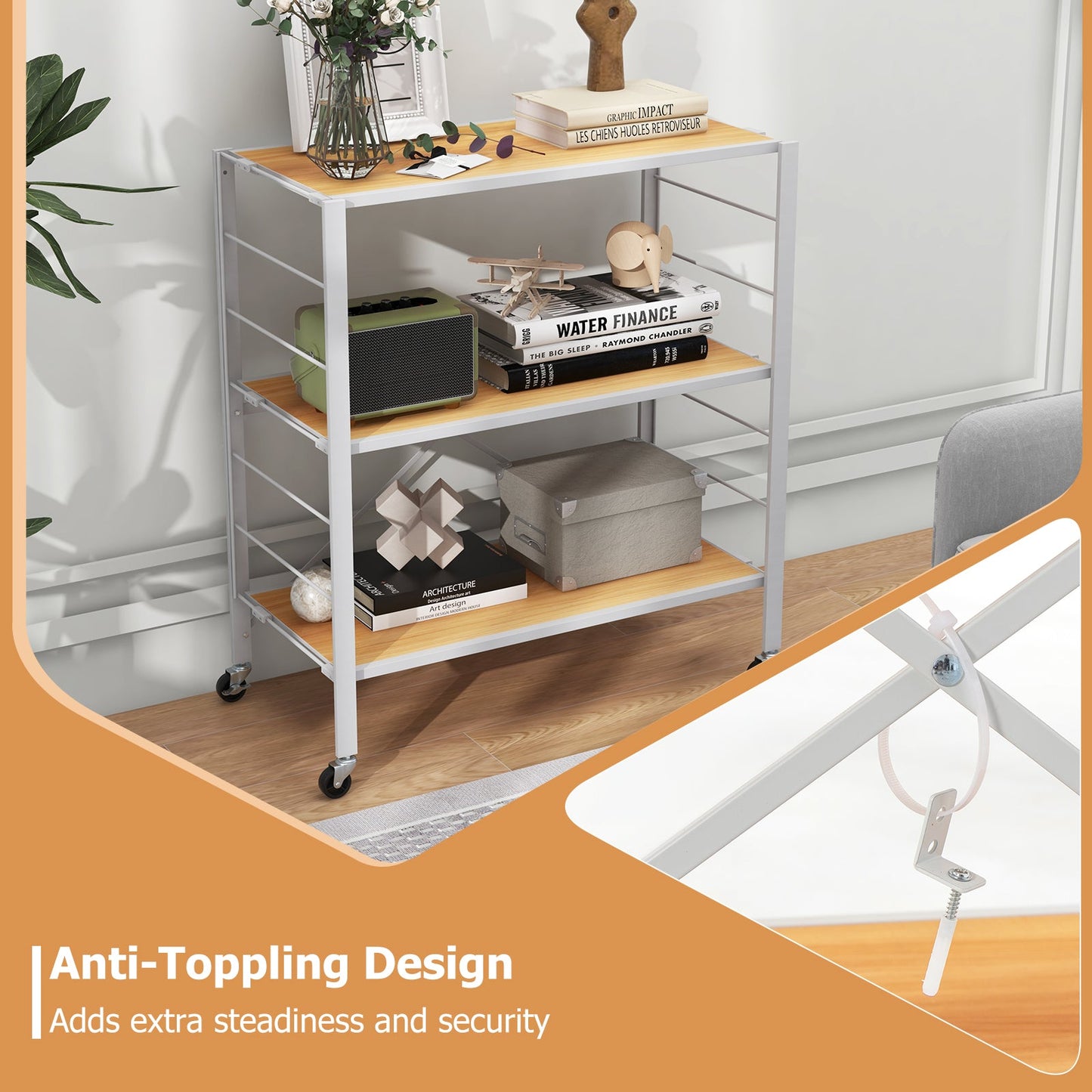 3-Tier Foldable Shelving Unit with Detachable Wheels and Adjustable Shelves