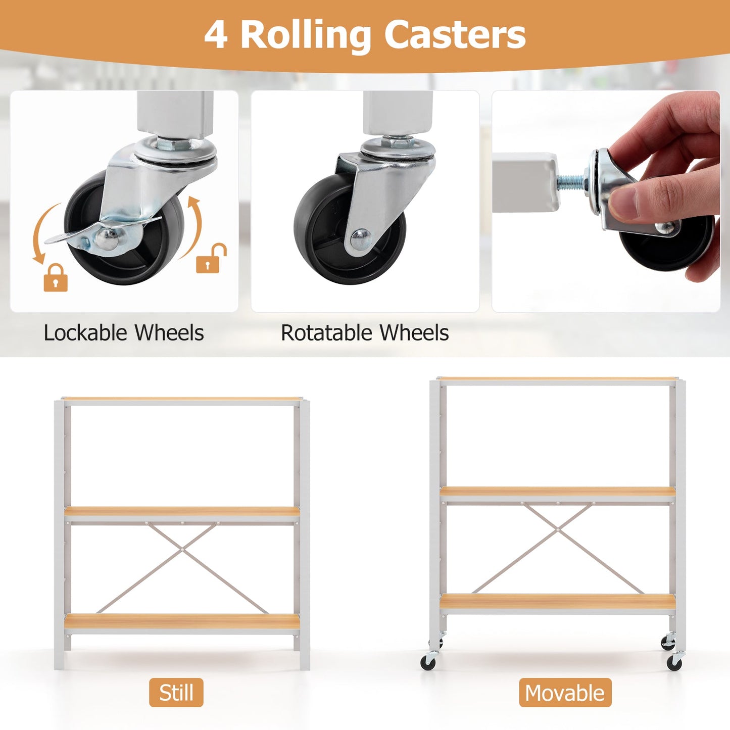 3-Tier Foldable Shelving Unit with Detachable Wheels and Adjustable Shelves