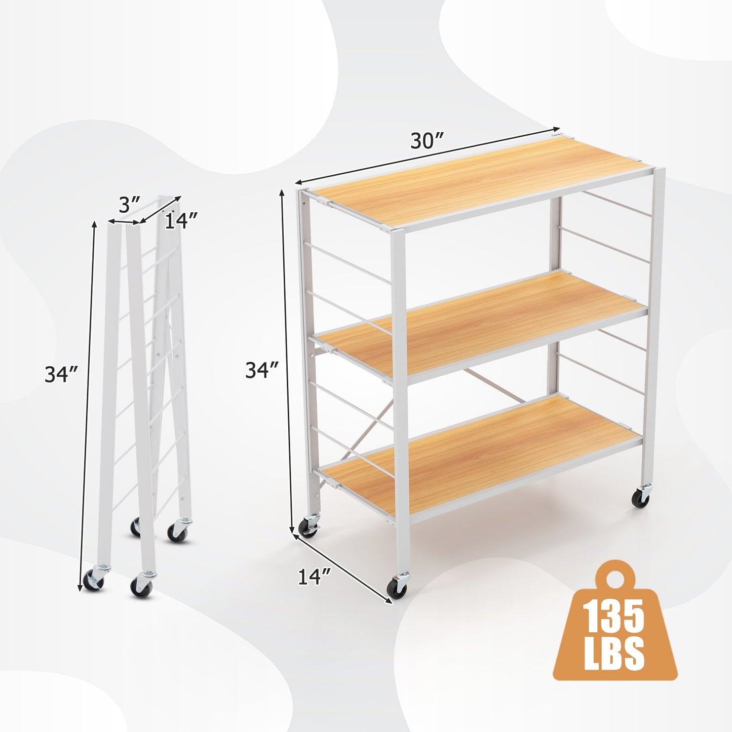 3-Tier Foldable Shelving Unit with Detachable Wheels and Adjustable Shelves