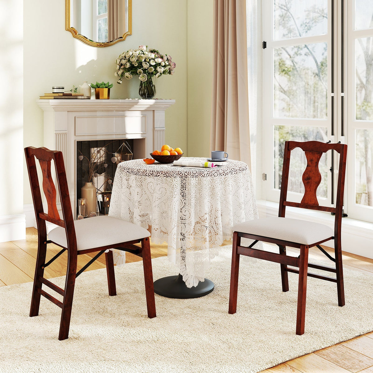 Folding Chairs Set of 2 Upholstered Dining Chairs with Comfy Padded Seats-Brown