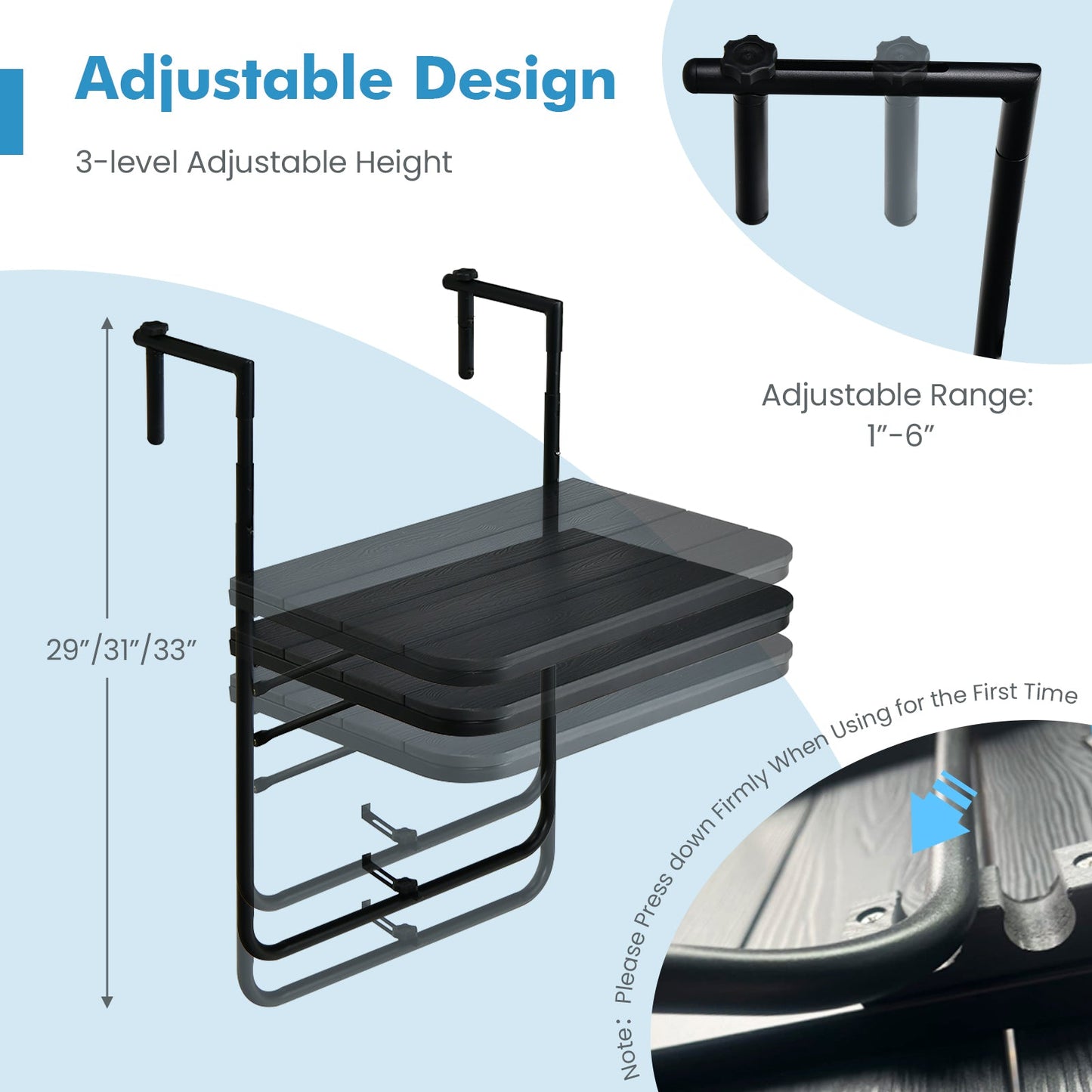 Folding Hanging Table with 3-Level Adjustable Height for Patio Balcony