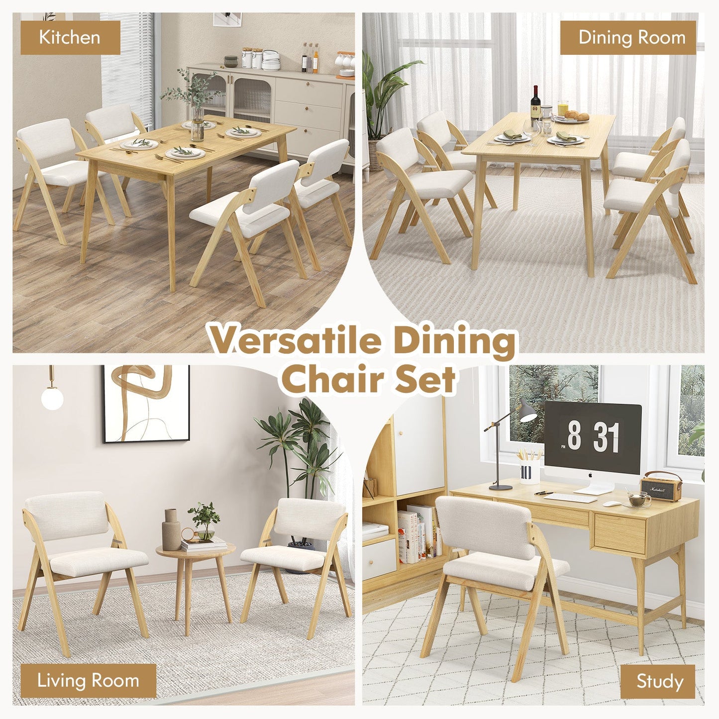Set of 2 Folding Kitchen Dining Chairs with Rubber Wood Legs
