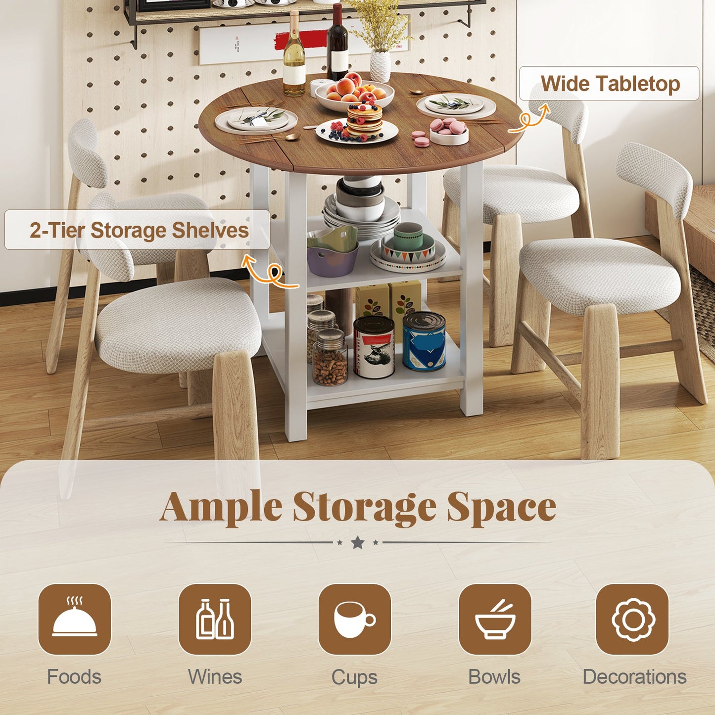 Folding Round Dining Table Drop Leaf Table with 2 Shelves for Small Spaces-White