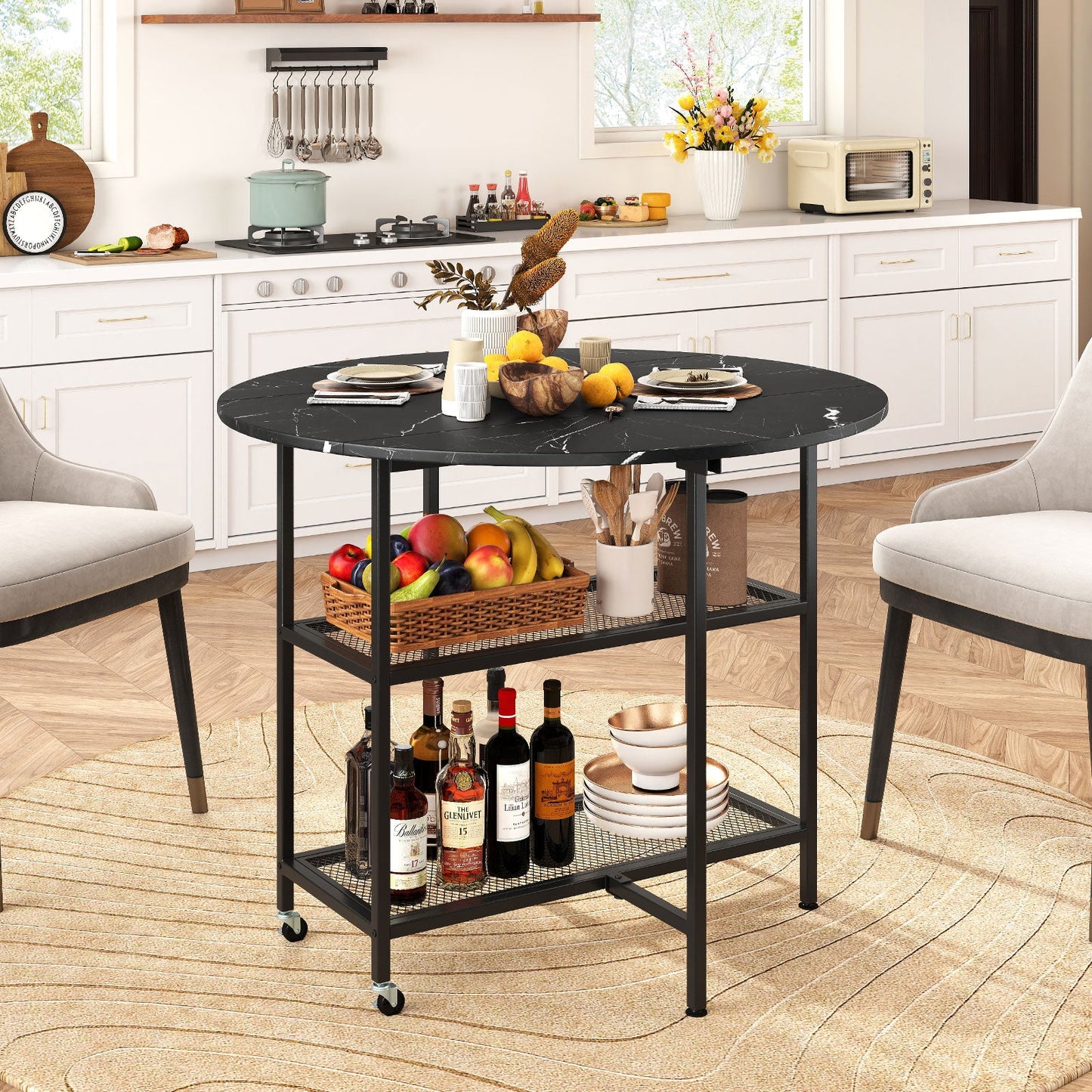 Folding Round Dining Table with Lockable Wheels
